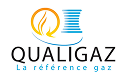 Logo Qualigaz : flamme orange, flèches, tuyaux bleus, texte La référence gaz.