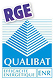 Logo Qualibat RGE bleu avec un triangle stylisé.