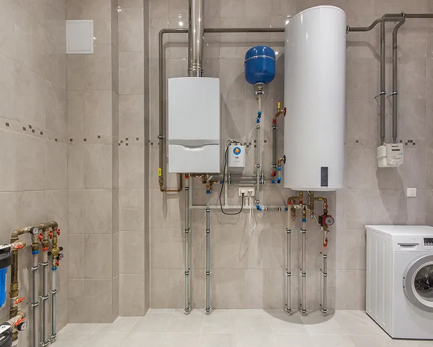 Salle de chaufferie avec chaudière murale, chauffe-eau, tuyauterie complexe et machine à laver à Longnes dans les Yvelines 78