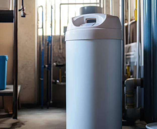 Adoucisseur d'eau cylindrique blanc avec écran de contrôle dans un sous-sol à Longnes dans les Yvelines 78